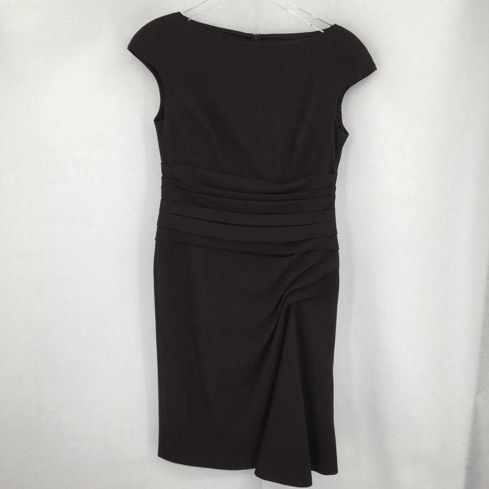 Escada brown pleated shift dress wool drape lined cap sleeves scoop 38 8